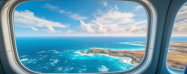 Naklejka premium airplane window view above ocean, panorama background. Generative ai