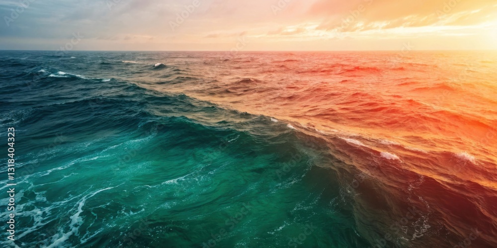 Poster a deep blue ocean underneath a golden sunset sky, creating a beautiful contrast of colors, with wave