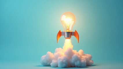 Creative light bulb rocket with smoke and blast lifting off against a blue background, concept. Successful development and launch, creative idea. Think outside the box.