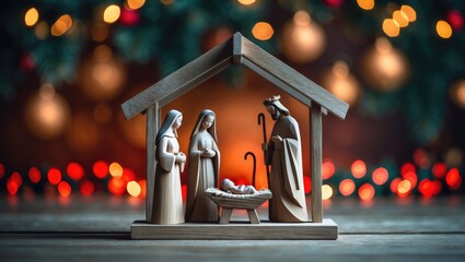 A wooden Christmas Nativity set featuring the holy family admiring baby Jesus against a background. © NFTNexus