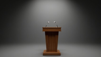 An isolated empty podium and microphones against a neutral background.