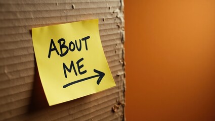 Sticky note labeled "about me" on a corkboard background, intended for introductions and presentations to share personal information.