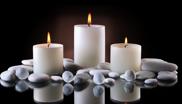 A minimalist setup of simple white candles surrounded by glass pebbles on a mirrored surface, creating a serene modern design.  - Powered by Adobe