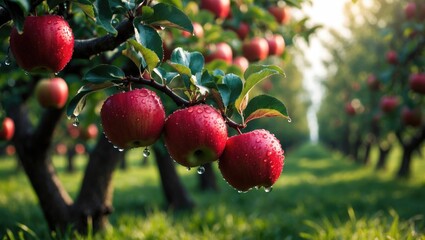 Obraz premium A close-up of glistening ripe red apples, covered with water droplets, hangs from a branch featuring green leaves.