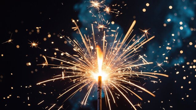 Close-up image of a beautiful sparkler igniting and producing bright sparks.