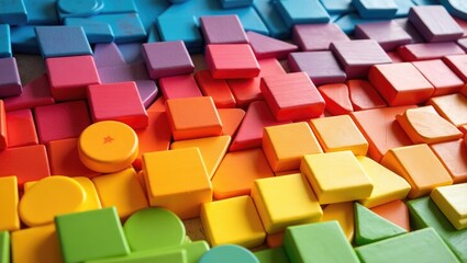 Obraz premium Rainbow spectrum Montessori material wooden bricks arranged in a creative and imaginative seamless pattern background. Ecology-based childish construction toys layout for elementary education and p...