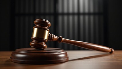 The image represents the prosecution's verdict for a life sentence. A wooden gavel strikes the round block, with a prison cell visible in the background. Concept: justice, judgment, punishment, guilt.