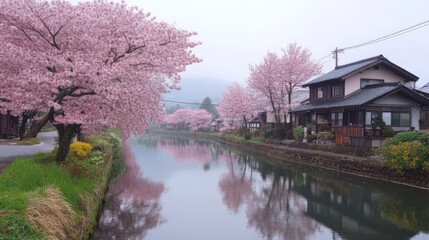 Obraz premium Pink Cherry Blossoms Reflecting in Calm Canal Water, Misty Morning in Japanese Village