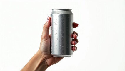 Close-up of a hand grasping an empty aluminum can featuring condensation. Isolated against a white background, front view.