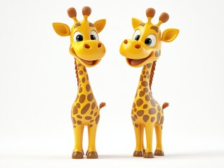 Obraz premium Two Cute Cartoon Giraffes on White Background