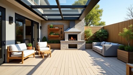 A backyard of a single-family home featuring imitation wood stoneware flooring and stylish wooden furniture, a gray fabric sofa, and a built-in barbecue.