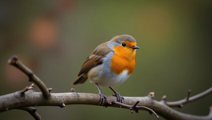 Beautiful European Robin. Common bird. Inquisitive, wary, quick. Moving from spot to spot, investigating, perching on a branch, resting or hopping on grass.