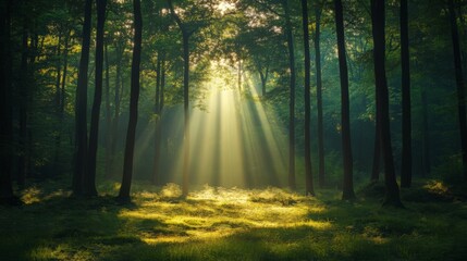 Obraz premium Sunbeams Illuminate Lush Green Forest at Dawn