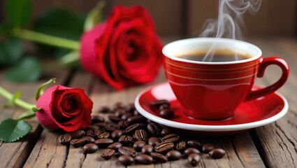 Obraz premium Aromatic coffee presented in a lovely red cup on a wooden table decorated with a red rose and coffee beans.