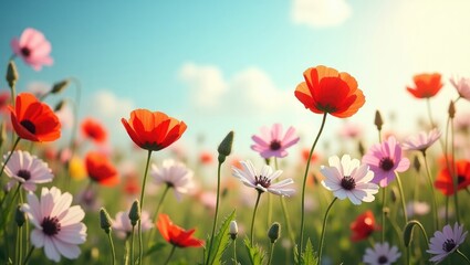 Fototapeta premium Colorful meadow of flowers on a spring day