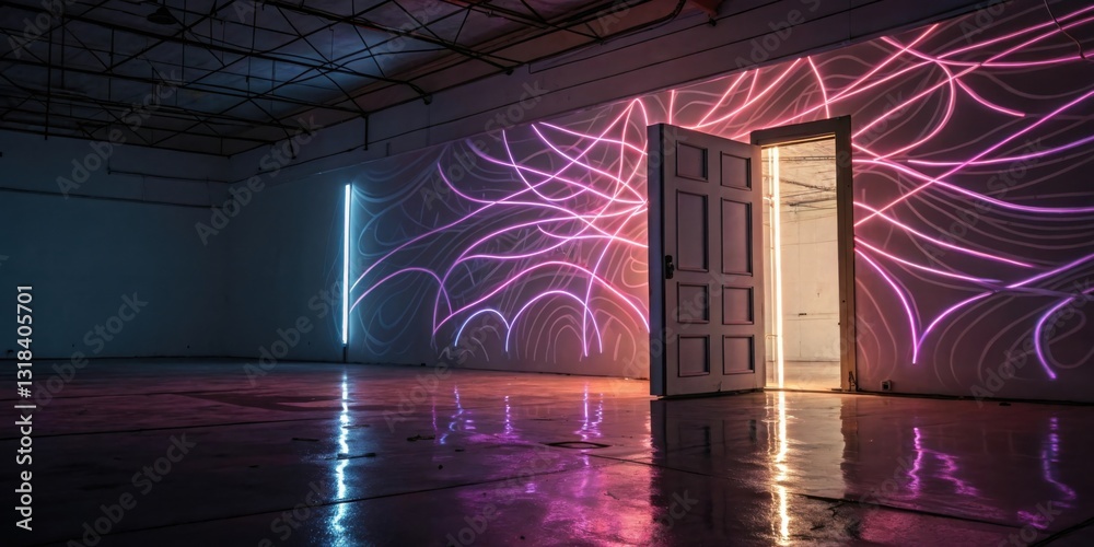 Poster a partially opened door reveals a room lit by neon lines and reflected light on the wet floor