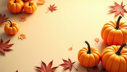 Autumn fall and harvest modern background arrangement featuring pumpkins and leaves.