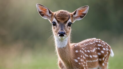 Fallow deer fawn. It features a speckled brown coat and large black eyes. The baby grows alongside its herd.
