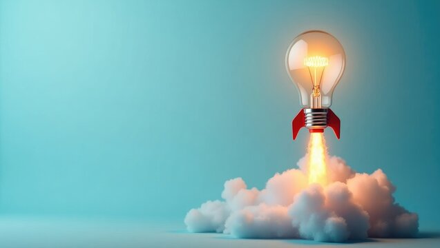 Creative rocket light bulb with blast and smoke ascending against a blue background, concept. Successful launch and growth, inventive idea. Think differently.
