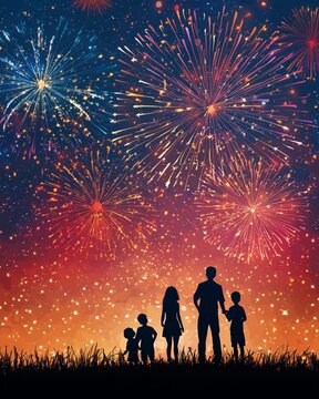 Holiday-Themed Creative Designs, 4th of July Silhouettes of a family watching colorful fireworks at night. silhouette of a family watching fireworks