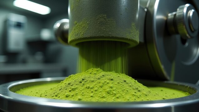 Closeup of a Matcha Tea Mill Stone or Matcha green tea grinding stone machine operational in a factory or tea shop.