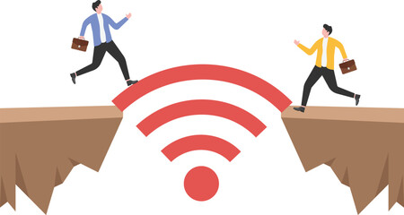 a man in a business suit crosses a gap between two laptops on a virtual bridge,

