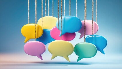 Colorful speech bubbles for communication hanging from a cord against a blue background.