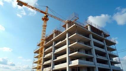 Crane above construction site with shell structures and scaffolding under blue sky.