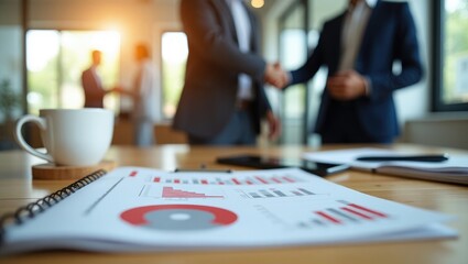 Close-up of business items with individuals meeting in the background.