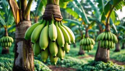 Green bananas developing on trees. Close-up of green tropical banana fruits in a banana plantation. Concept of agriculture and banana production.