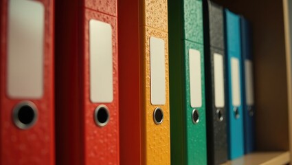 Colorful folders on a shelf to organize the documents in the office. Red, orange, and green plastic files.