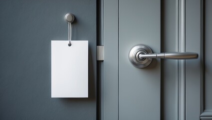 Door knob featuring a blank doorhanger mock-up. An empty white flyer mockup is hanging on the door handle. Leaflet design displayed on the entrance doorknob.