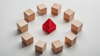 Fototapeta premium Different leadership teamwork concept featuring a red wooden cube for mock-up, set against a white background.