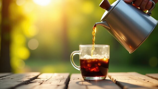 Drip coffee in an outdoor setting, natural brew beverage with a bokeh background.