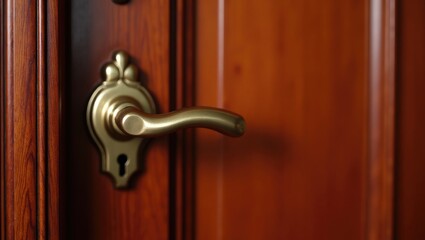 Obraz premium Close-up of a vintage-style house door handle in gold color set against a bright red-brown door.