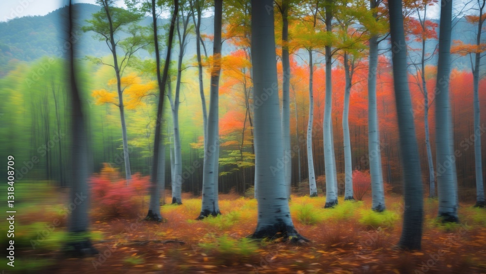 Aufkleber A mesmerizing image showcases a blurred forest ambiance, artistically depicting the movement of trees with an array of vivid colors.