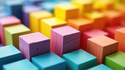 Obraz premium Spectrum of stacked multi-colored wooden blocks. Background or cover for creative, diverse, expanding, rising, or growing concepts. Shallow depth of field.