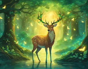 A majestic deer with glowing ethereal antlers standing in an enchanted forest, surrounded by magical butterflies.