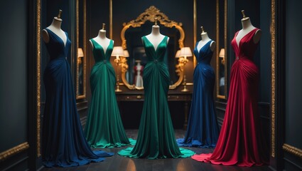 Fototapeta premium Elegant evening dresses displayed on mannequins in a women's clothing shop.