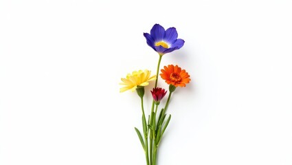 Fototapeta premium Dry and fresh flowers arranged in a flat layout on a white backdrop. Space is available for text.