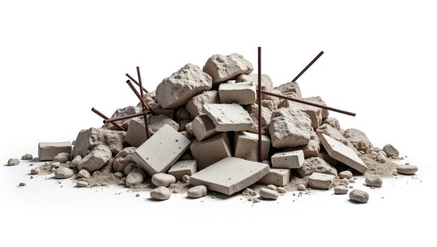 Fototapeta Closeup of concrete wreckage from a destroyed building isolated on a white background.