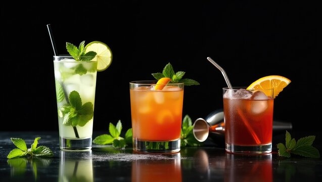 Assortment of cocktails presented against a dark background. Classic drink menu idea. Copy space, panorama.