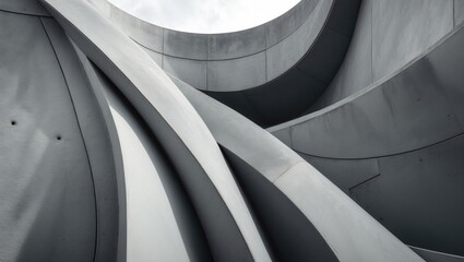 Concrete wall curves with architectural details in a grey textured background. Monochrome.