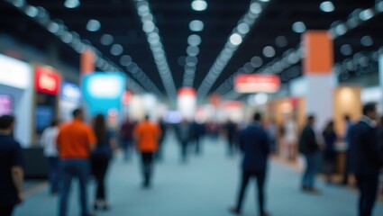 Blurred bokeh lights backdrop of exhibition, Business show concept.