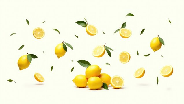 A creative arrangement featuring fresh raw whole and sliced lemons with green leaves floating in the air, isolated on a white background. Food levitation or zero gravity concept.