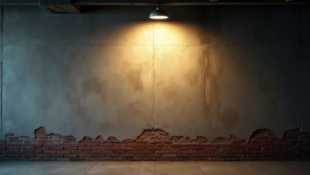 Concrete wall illuminated by an old ceiling lamp. Vintage basement interior, grunge urban underground backdrop.