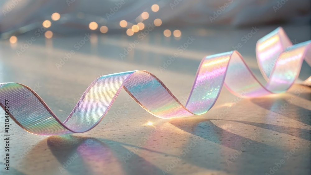 Poster A shimmering iridescent ribbon twists and turns, casting an ethereal glow on a soft, textured surface.