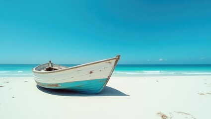 Naklejka premium Broken piece of a boat located on a white sand beach
