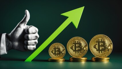 A conceptual image depicting a thumbs up alongside Bitcoins and an upward arrow, representing the rising value of cryptocurrency.