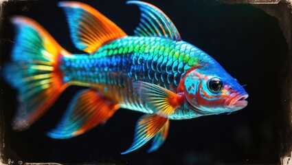 Fototapeta premium Macro closeup of a multi-colored fighting fish set against a black background, showcasing the fish swimming beautifully in motion.